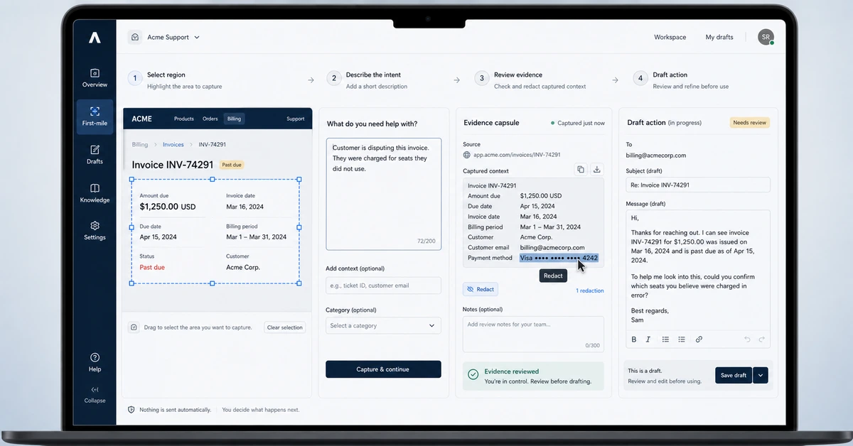 A scoped screen capture becomes a reviewed evidence capsule and an action draft.